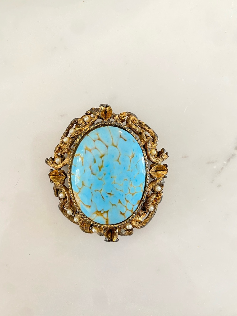 Pauline Rader Turquoise Faux Pearl Gold Tone Brooch Pin